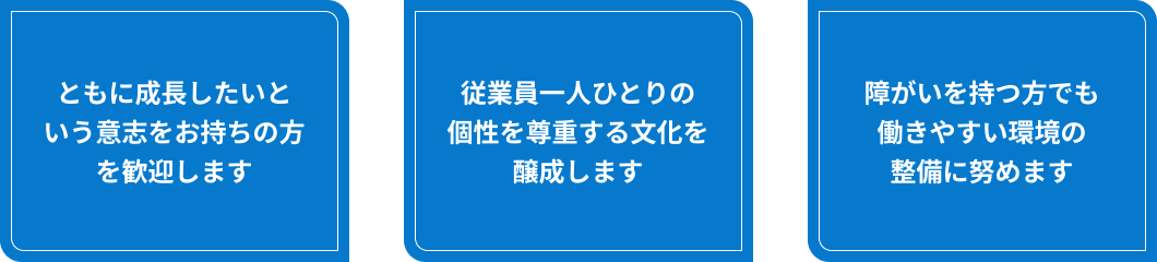 障がい者雇用指針は、①ともに成長したいと いう意志をお持ちの方を歓迎します。②従業員一人ひとりの 個性を尊重する文化を醸成します。③障がいを持つ方でも 働きやすい環境の整備に努めます。の3つの指針を設定してします。