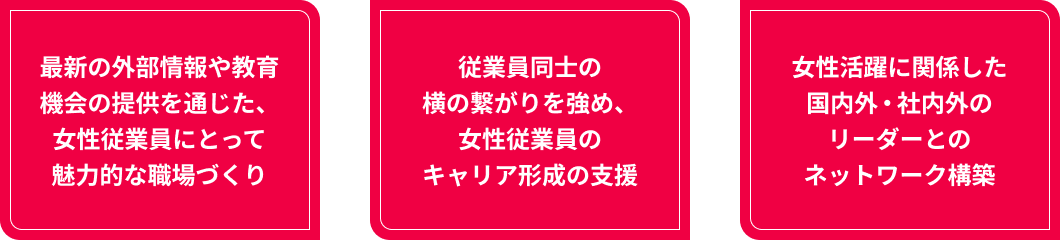 TSUBAKIネットワークは、①最新の外部情報や教育機会の提供を通じた、女性従業員にとって魅力的な職場づくり、②従業員同士の横の繋がりを強め、女性従業員のキャリア形成の支援、③女性活躍に関係した国内外・社内外のリーダーとのネットワーク構築を目的としています