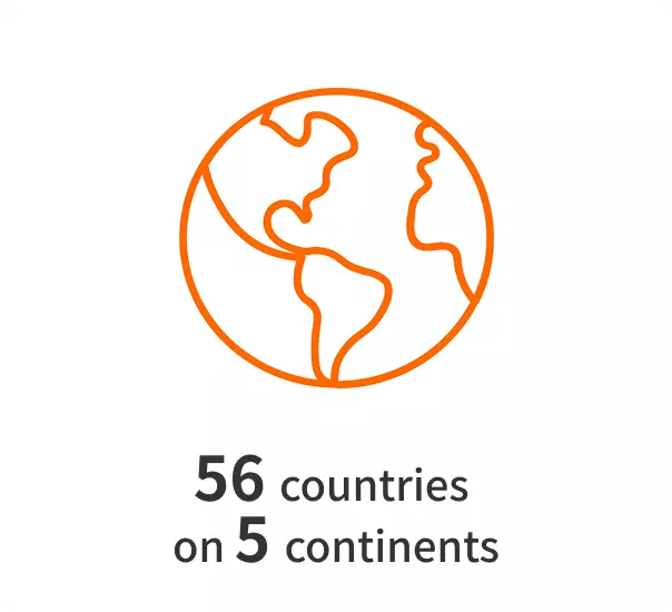 56 countries&nbsp; on 5 continents