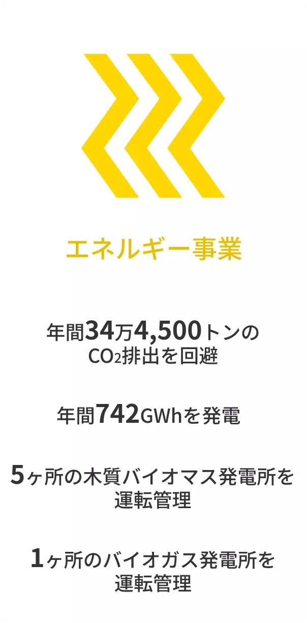 エネルギー事業における実績は次のとおりです。1つ目、年間34万4,500トンのCO2排出を回避。2つ目、年間742GWhを発電。3つ目、5ヶ所の木質バイオマス発電所を運転管理。4つ目、1ヶ所のバイオガス発電所を運転管理