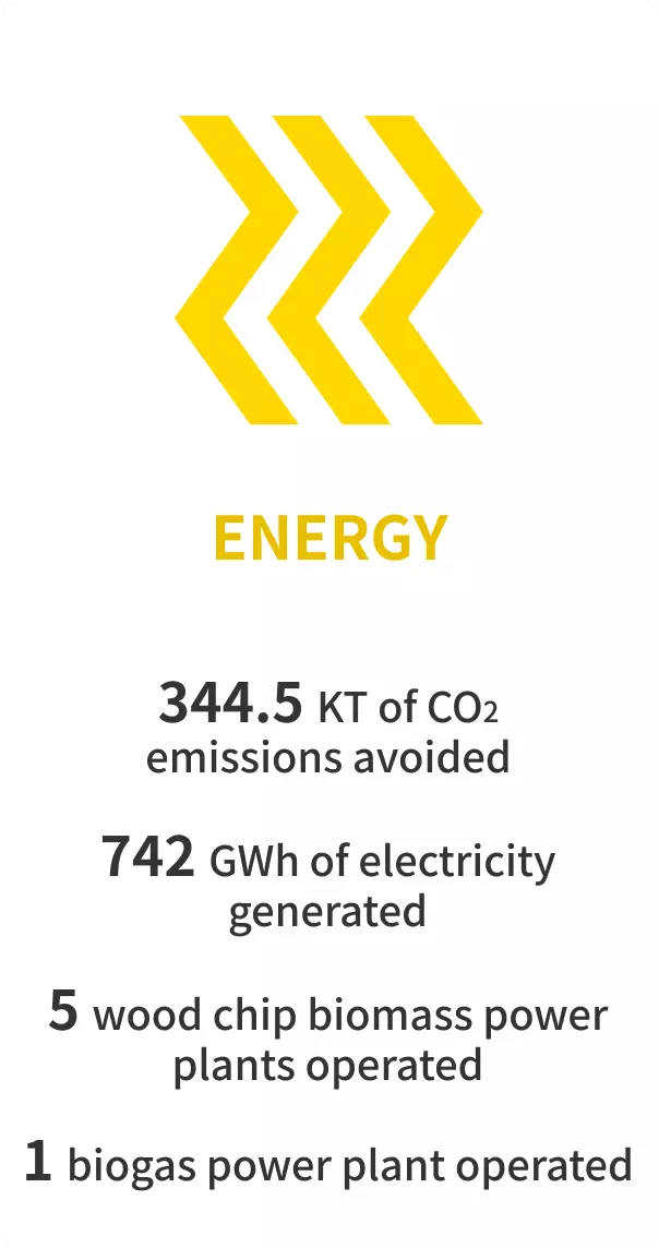 Our energy business track record features the avoidance of 344,500 tons of CO2 emissions annually, the generation of 742 GWh per year, and the operation and management of five woody biomass power plants and one biogas power plant.