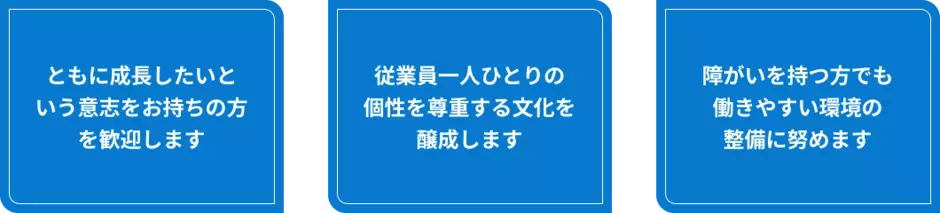 障がい者雇用指針は、①ともに成長したいと いう意志をお持ちの方を歓迎します。②従業員一人ひとりの 個性を尊重する文化を醸成します。③障がいを持つ方でも 働きやすい環境の整備に努めます。の3つの指針を設定してします。